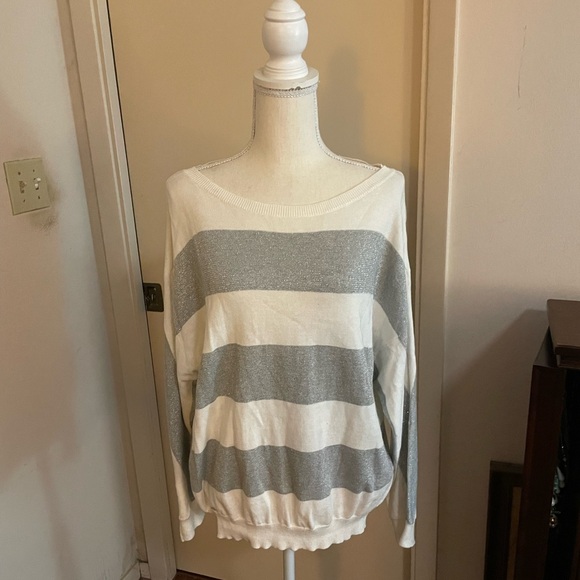 Liz Claiborne white silver striped Knit sweater Pull on size LG cotton metallic - Picture 3 of 13